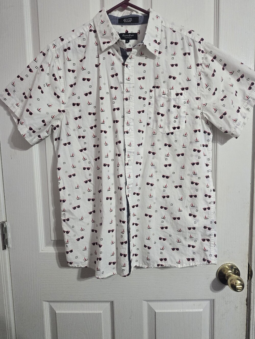 Eighty Eight Platinum Mens XL Button Up Shirt White Nautical Sunglasses Sailboat